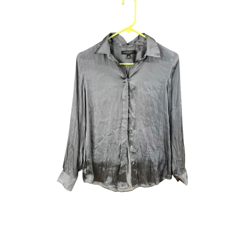 Banana Republic Dillon Shirt Womens XS Gray Satin Long Sleeve Back Tie‎ Blouse